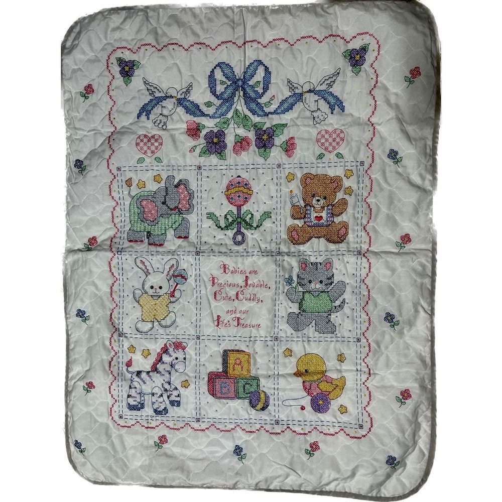 Bucilla Babies are Precious Crossed stitch baby crib quilt 30”x36”